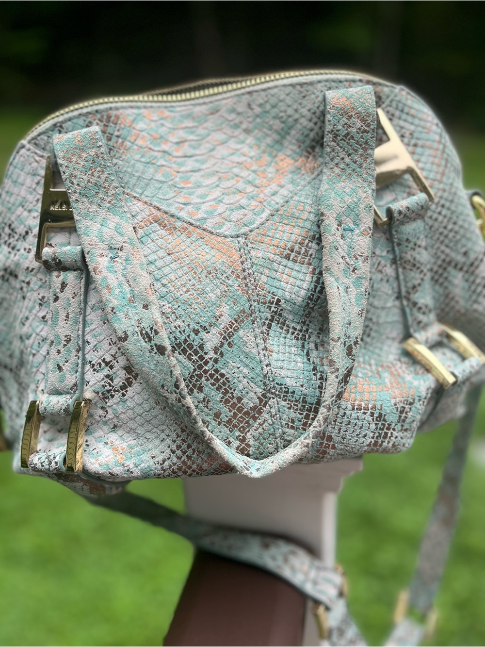 Kelsi Dagger Aqua Snake-Print Satchel with Gold Hardware